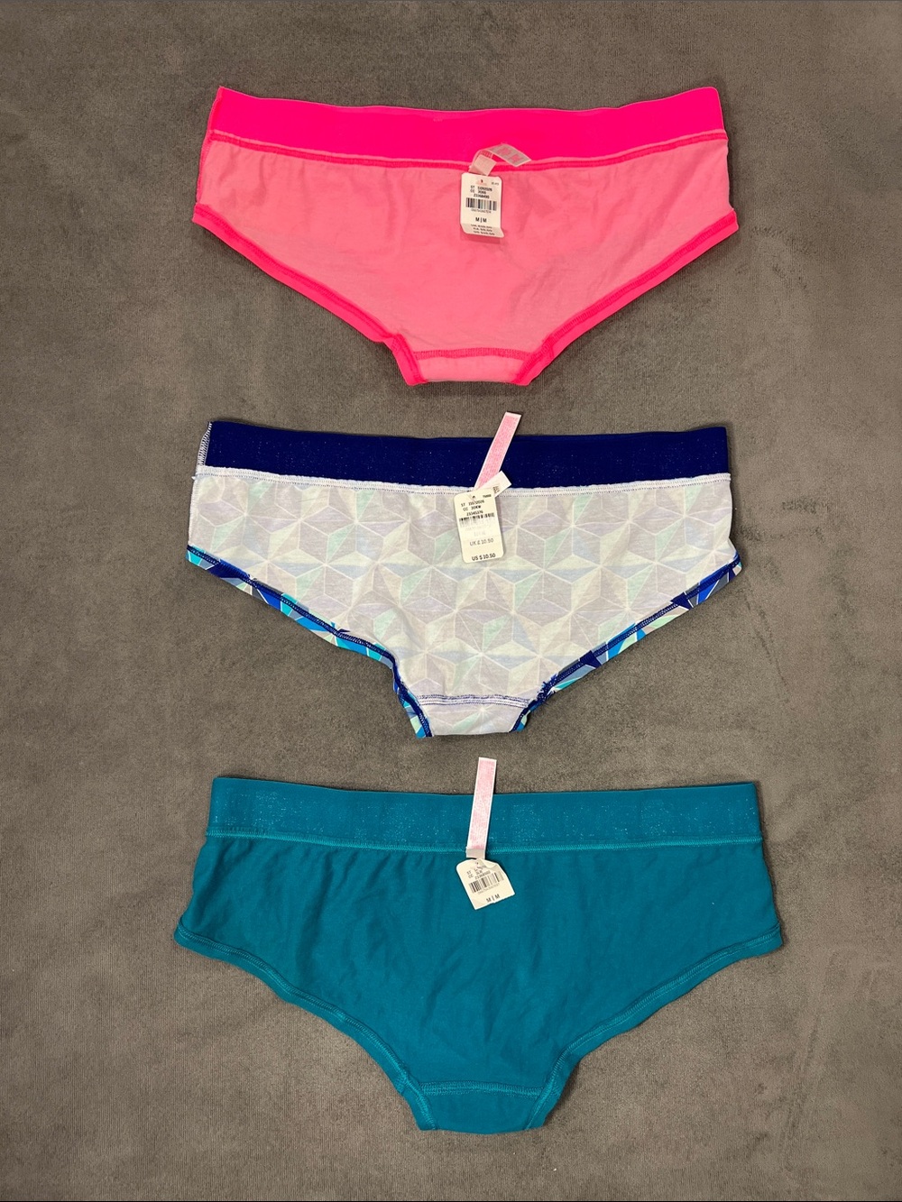 PINK Victoria's Secret 3-Pack Bikini Briefs - Hot Pink, Navy Geo, Teal MEDIUM - Picture 4 of 4